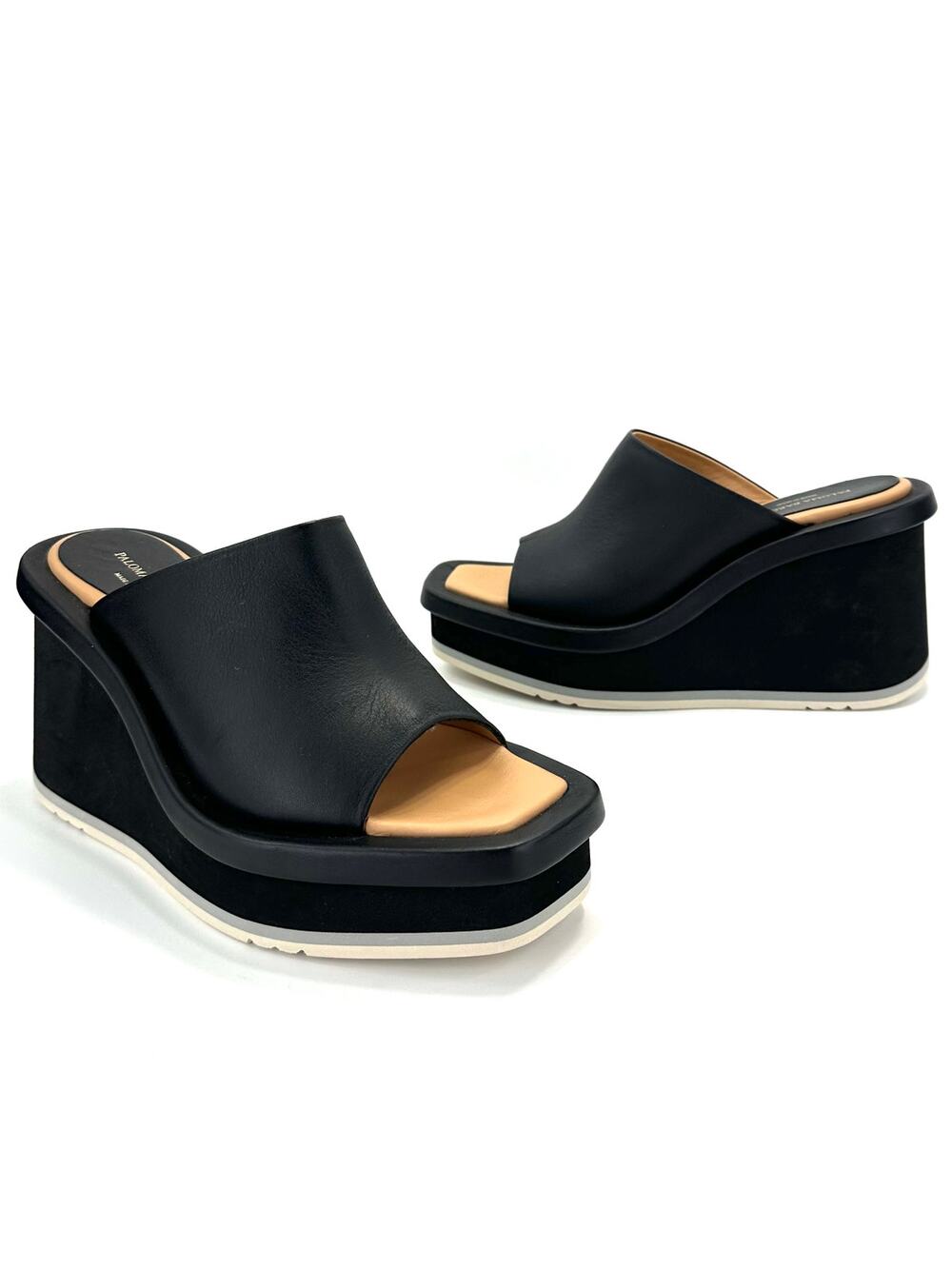 Paloma Barcelo Wedge Platform Sandal Size 7.5/38 Black Leather Slide-In Heels